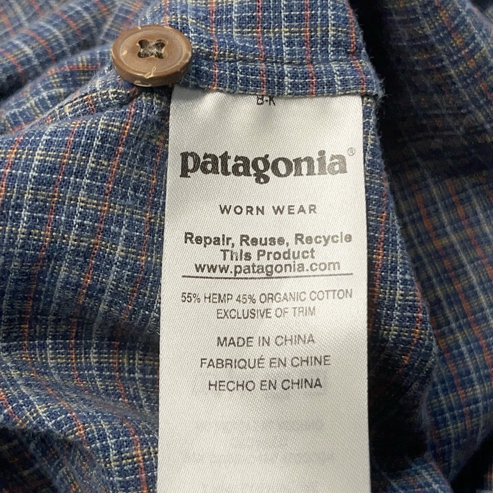 Patagonia Mens Button Shirt Back Step Short Sleeve M Cotton Hemp Blue Plaid - Picture 9 of 11